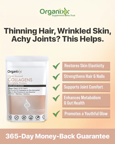 A clean, high-contrast ad creative that uses a direct pain-point hook followed by a clear, icon-backed feature list for a collagen supplement.